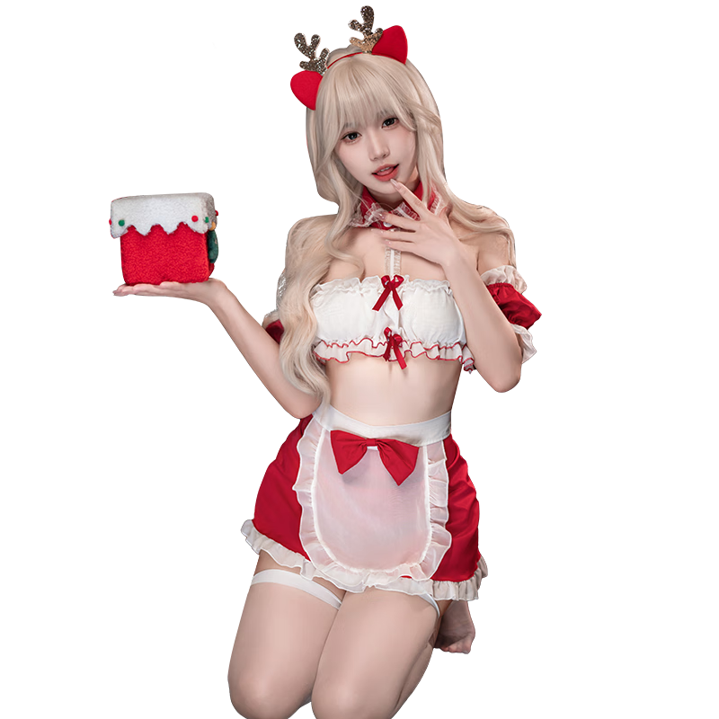 霏慕情趣圣誕節(jié)裝cos制服套裝內(nèi)衣女性感誘惑夫妻刺激角色扮演服裝 圣誕女仆【發(fā)箍+連領(lǐng)抹胸+臂環(huán)圍裙+T褲】+鹿發(fā)箍 均碼【建議體重80-120斤】