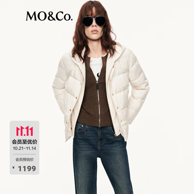MO&amp;Co.羽绒服2025秋新品90鸭绒防风防水假两件拼卫衣连帽MBE3EINT07 米白色 S /160