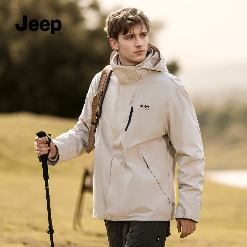 JEEP男装秋冬季2025新品男士户摇粒两件套外锋夹克上衣休闲连帽外套 084卡其【25年升级款】 XL