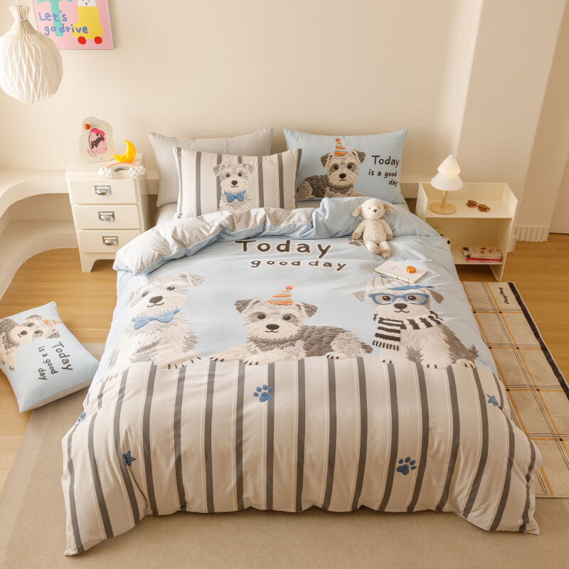 JaCe羽零绒床上四件套秋冬季亲肤卡通床单被套加厚透气床上用品 蓬松毛球狗 100支 A类 1.5-1.8m 床单款 （被套200*230cm）