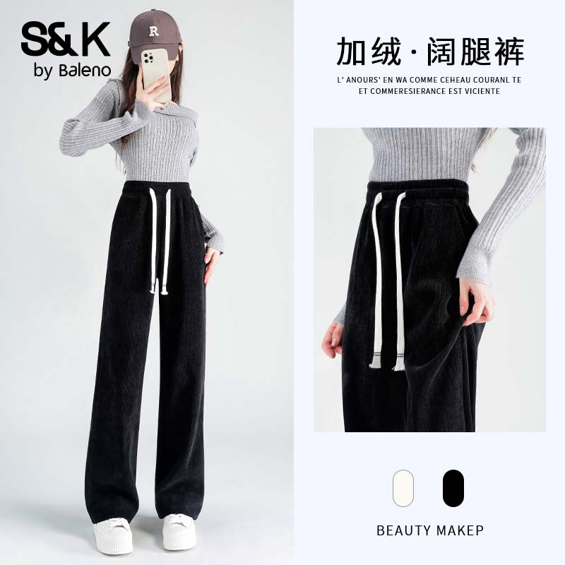 班尼路S&amp;K系列裤子女直筒裤女装冬季新款加绒加厚保暖休闲裤阔腿裤9.1 黑#纯色 M