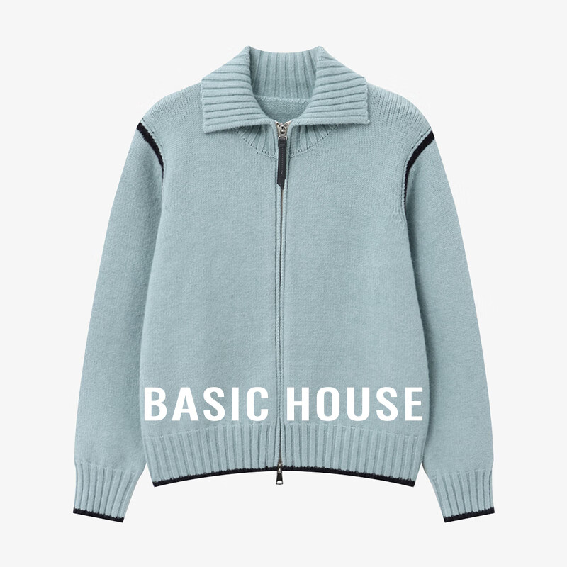 百家好（Basic House）Basic House/百家好翻领线条撞色毛衣女秋季新款简约时尚开衫上衣 蓝色 L