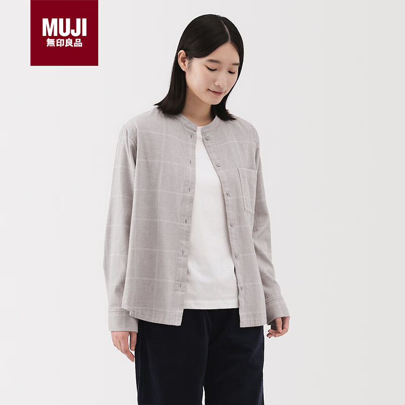 MUJI女式法兰绒立领长袖罩衫女士格子衬衫衬衣女装冬季 米色格纹 L