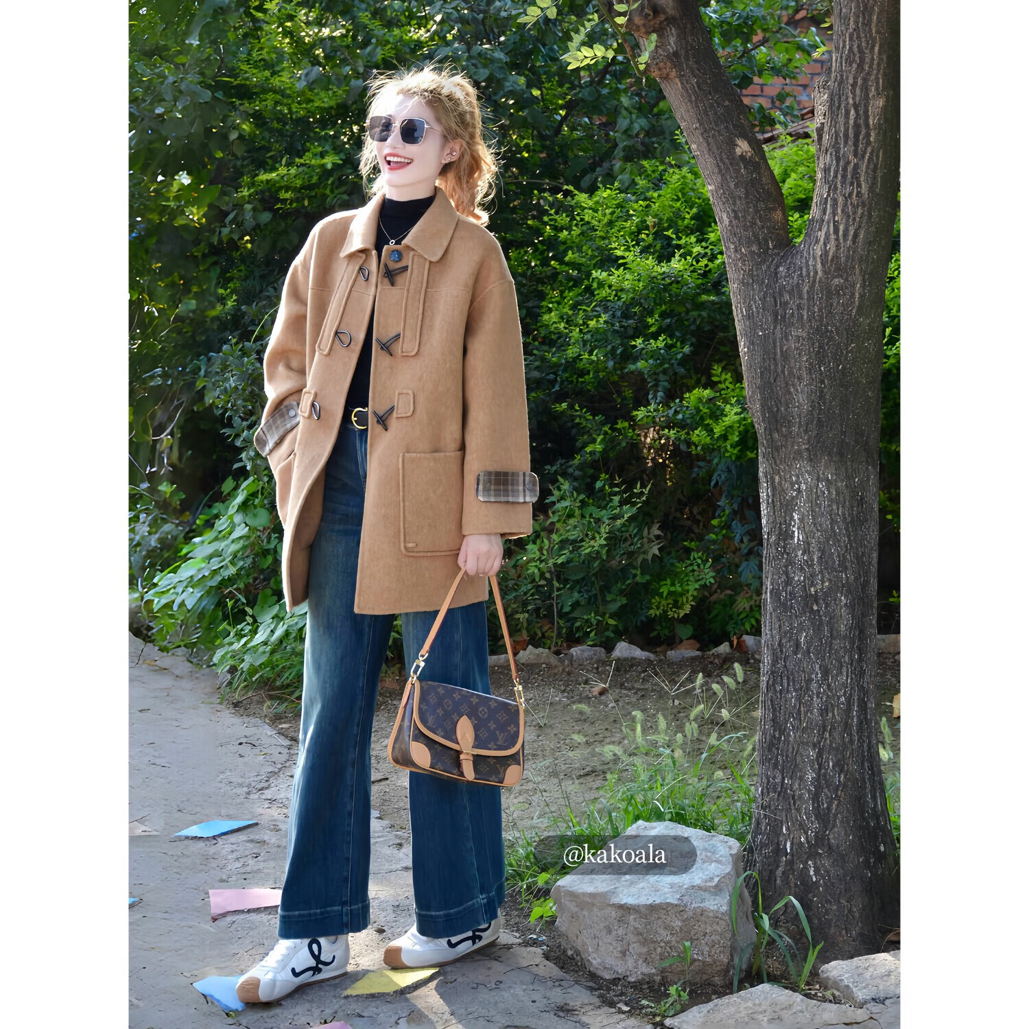 茵曼2025冬季女装新款羊驼毛桑蚕丝双面呢大衣拉毛牛角扣毛呢外套 驼色 S 158-162cm/100-110斤