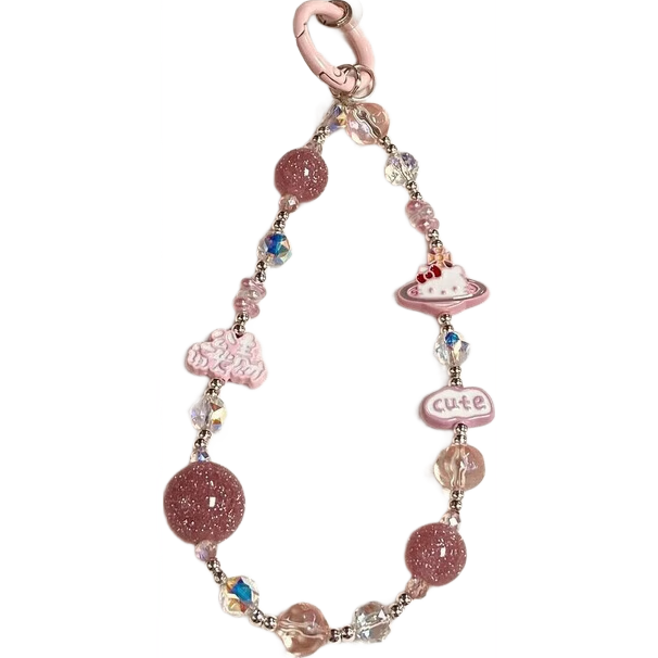 国潮新年公主请发财手机链手机挂绳短款链条珠饰防丢ccd相机耳机挂链ins风带垫片 粉色kitty猫公主请发财珠子挂件