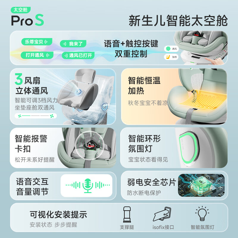 ledibaby乐蒂宝贝婴儿童安全座椅0-6-12岁汽车用宝宝座椅婴儿车载可坐可躺 新国标 太空舱ProS智能版【曼波绿】