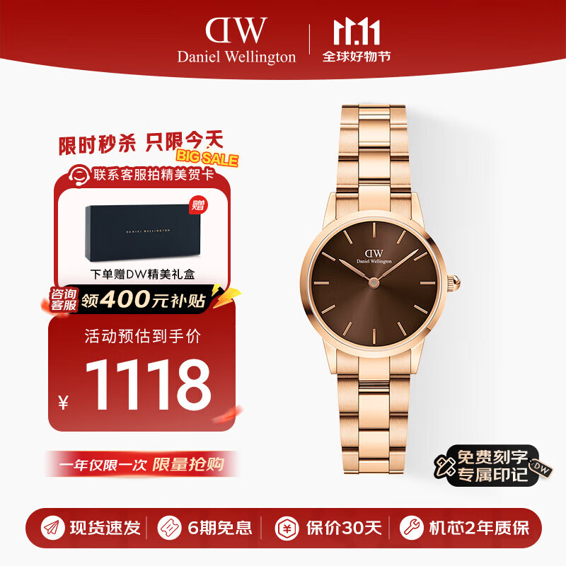 丹尼尔惠灵顿（DanielWellington）DW小精钢女表棕色表盘钢带欧美简约风腕表节日礼物DW00100463