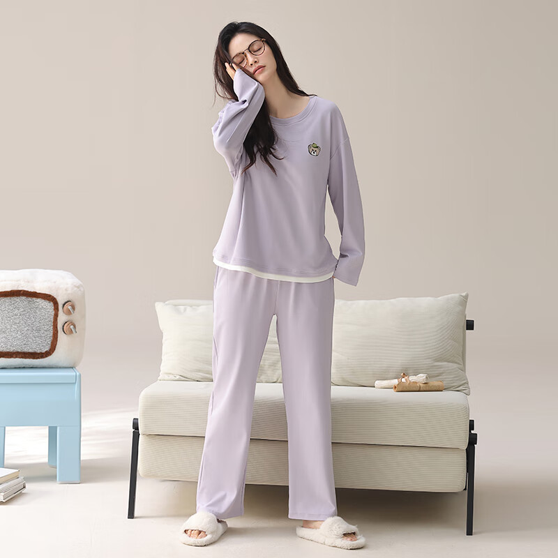 芬腾睡衣女【100%纯棉】2025秋冬新款长袖睡衣女士休闲松弛家居服套装 紫色 L