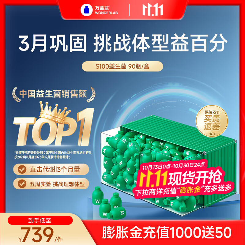 万益蓝（WONDERLAB） S100益生菌 体重管理 小绿瓶成人谢儿童脂女性 代益生元 燃燃片 【90天挑战益百分】S100益生菌90瓶