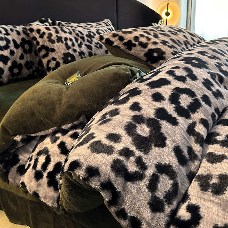 苏萱美拉德豹纹兔毛绒床上四件套冬季加厚牛奶珊瑚绒被套保暖床单床品 法式豹纹灰 1.8m 床单款 四件套-被套200x230cm