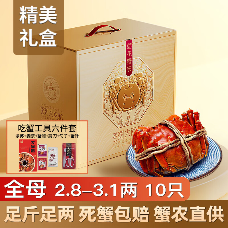 【活蟹】莲花蟹农大闸蟹鲜活2.8-3.1两10只全母螃蟹鲜活去绳足重现货海鲜礼盒源头直发