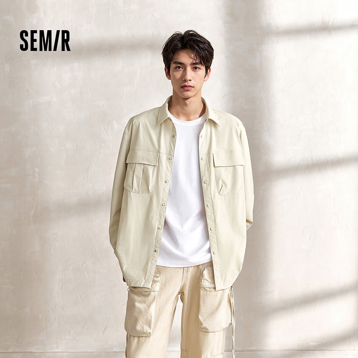 森马（Semir）长袖衬衫男外穿式山系户外工装外套宽松纯色百搭秋冬装翻领上衣 浅卡其50355 L