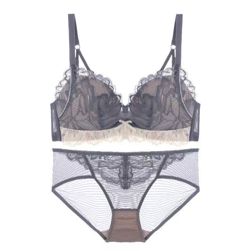 chunnian文胸+内裤无钢圈蕾丝文胸内衣女性感小胸聚拢胸罩套装520送女友 MWY可可-灰紫套装 XL 80/36AB