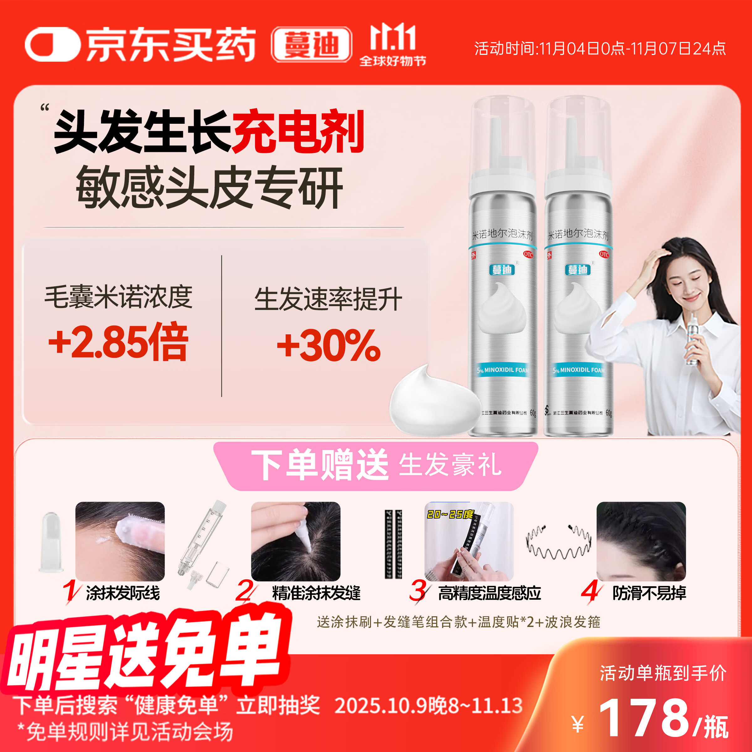 【第二代米诺地尔】蔓迪生发泡沫60g*2（敏皮专属不红不痒不起痘）5%男女士快速防脱育发米洛原液搽剂酊曼迪