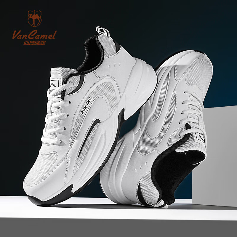 西域骆驼（VANCAMEL）男鞋冬季ACE运动鞋2025新款皮面防水跑步鞋潮厚底休闲老爹鞋子男 【官方正品 质量保证】白色配色 40