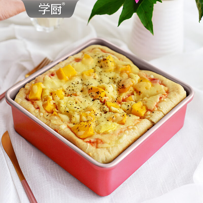 学厨8寸加高不粘四方烤盘正方形古早蛋糕模具家用面包盘烘焙模具 臻选红色8寸加高不粘四方烤盘-WK10111