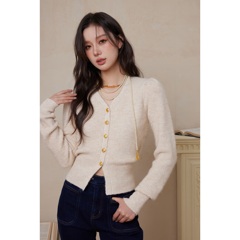 待婉2025年冬季复古V领泡泡袖正肩毛衣女精致针织显瘦 开衫 红色 S