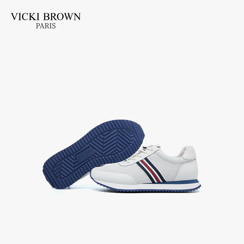 未毕(VICKI BROWN)法国品牌VB男鞋【胜利系列】新款透气网面休闲鞋潮流舒适条纹皮鞋 白色 43