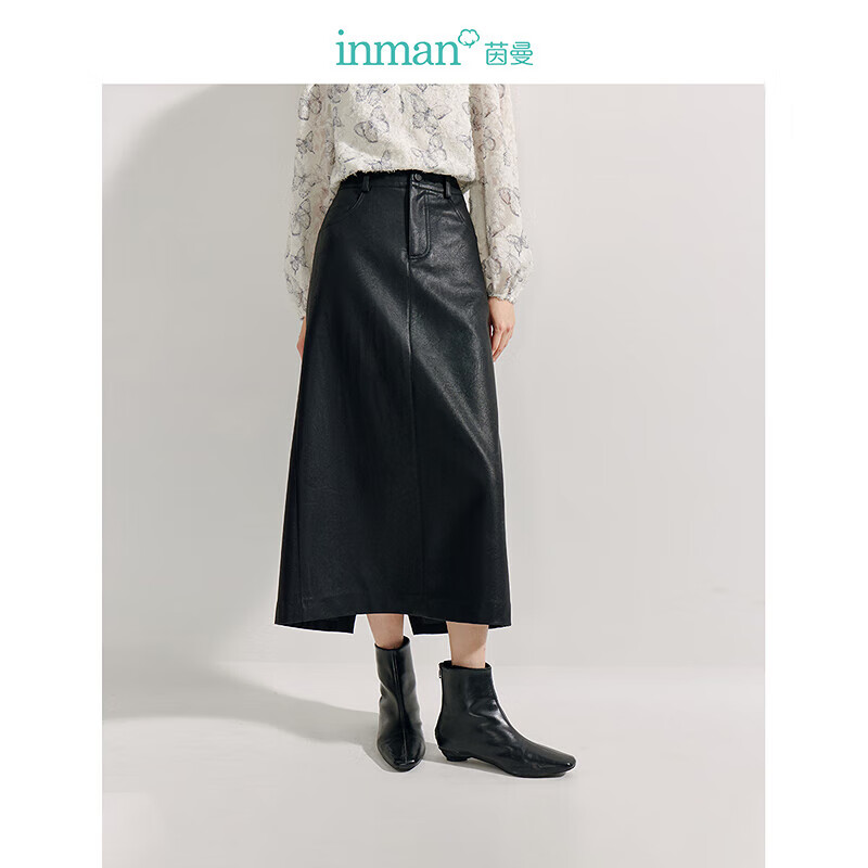 茵曼（INMAN）复古高腰环保PU皮裙2025春秋季女装新款小众显瘦开衩叠穿长裙 午夜黑 S