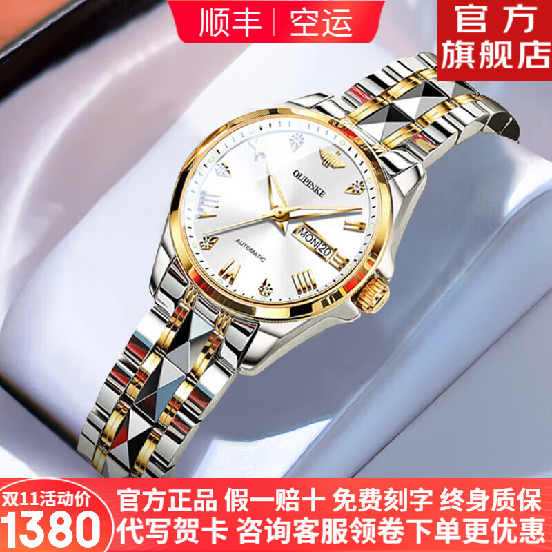 欧品客十大品牌名表手表女士全自动机械表防水夜光腕表情人节礼物送女友 欧品客-3171女-钢带间白 终身质保