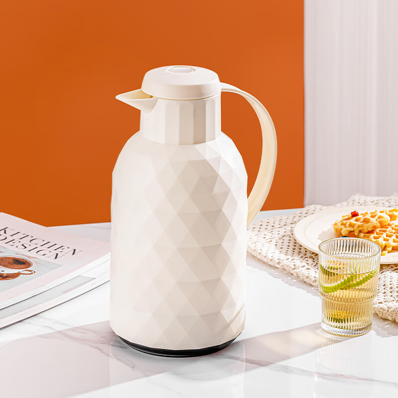 乐唯诗（LOVWISH） 保温壶家用办公室保温瓶热水瓶车载水壶暖水壶玻璃内胆开水瓶 钻纹保温壶【按压款】米白色1400ml