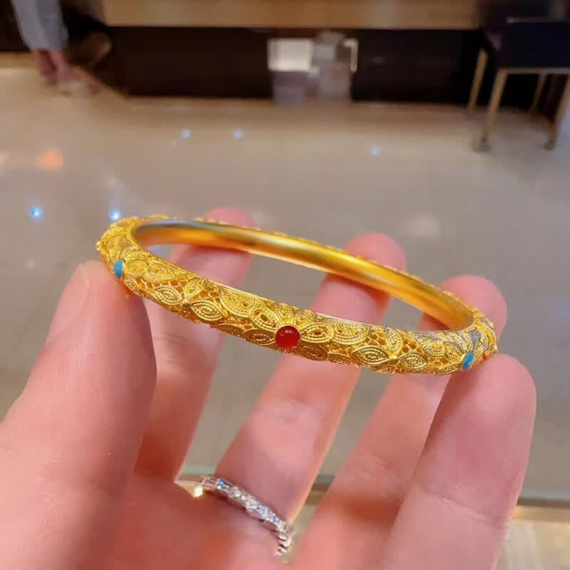 玉井记合金/镀金/镀银古法复古黄金色宫廷珐琅精品百搭花丝轻 花丝珐琅手镯-58码闭口