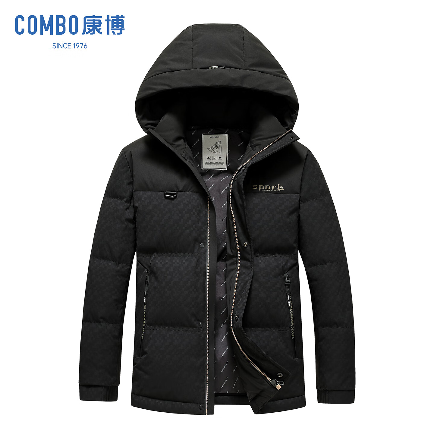 康博2025冬新款90鸭绒连帽休闲短款保暖宽松百搭外套 黑色 M