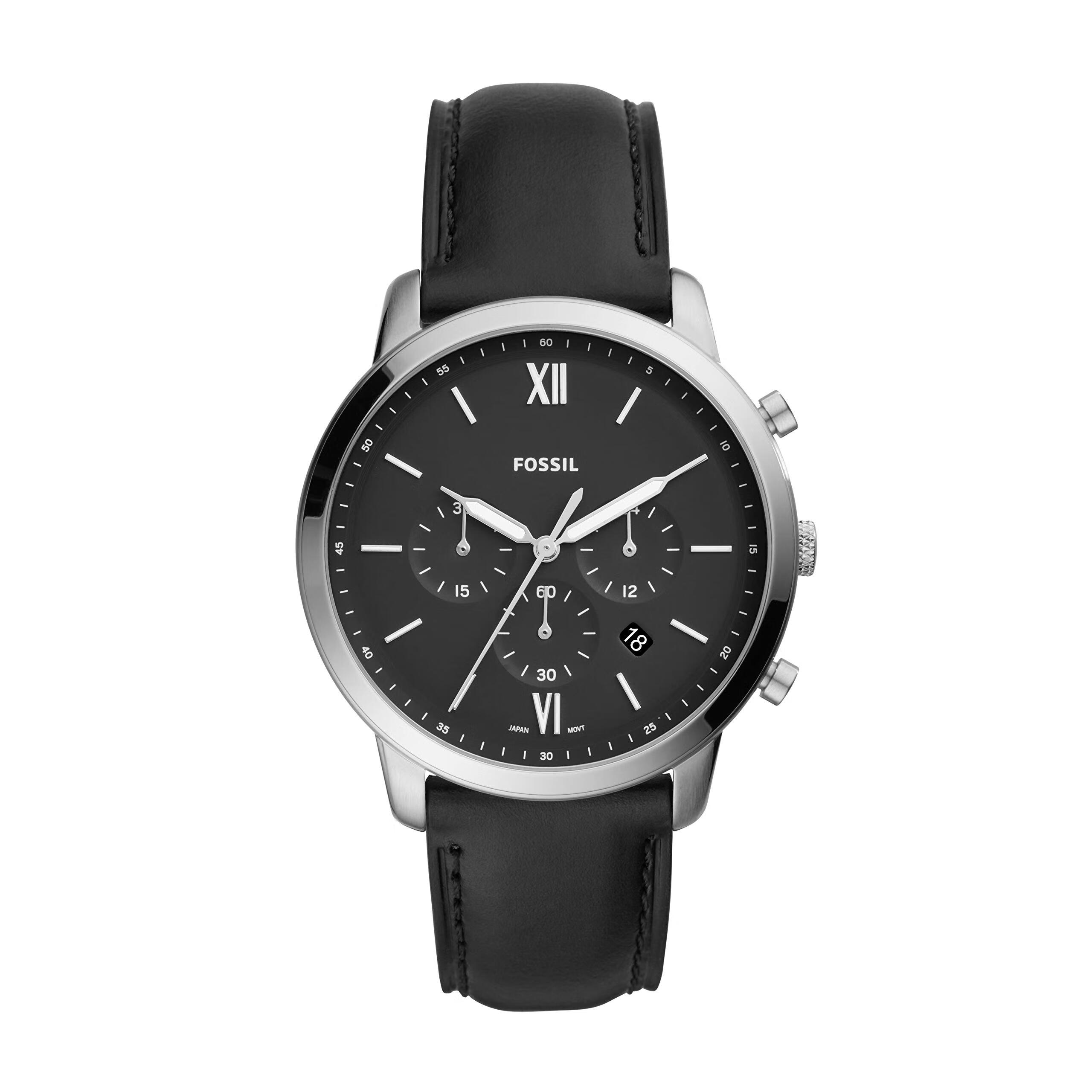 Fossil Men's Neutra Quartz Stainless Steel and Leather Silver, Black 44MM