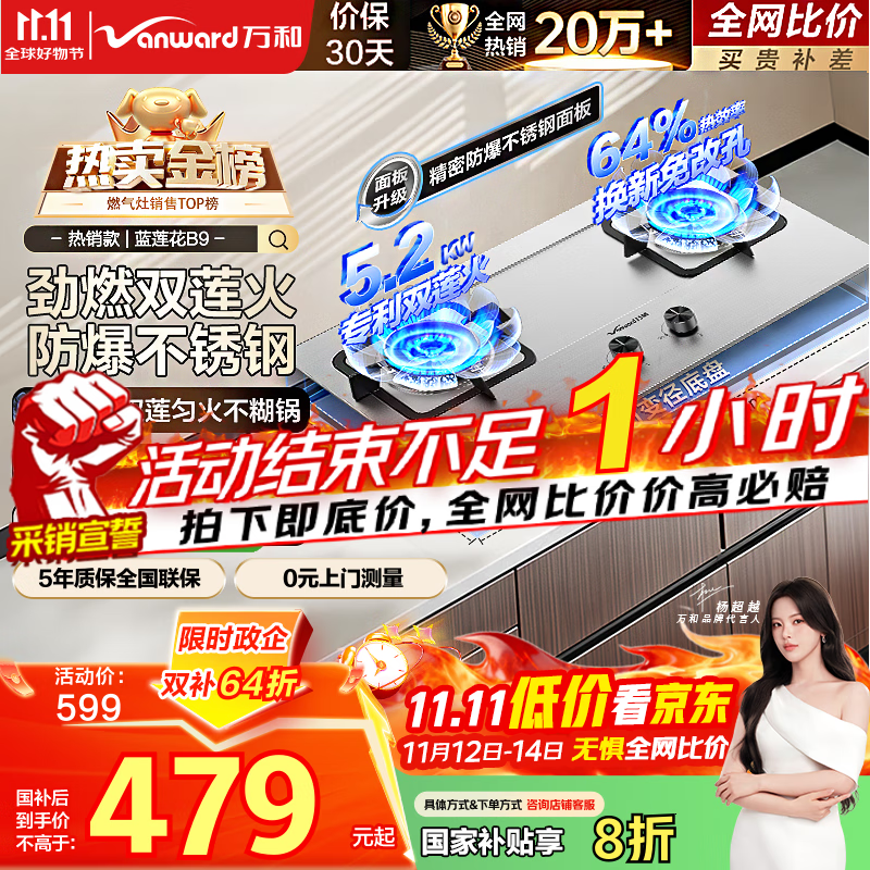 万和（Vanward）【蓝莲花B9·5.2kW】天然气燃气灶不锈钢猛火烟灶联动国家补贴20%嵌入式家用煤气双炉具台B9B50