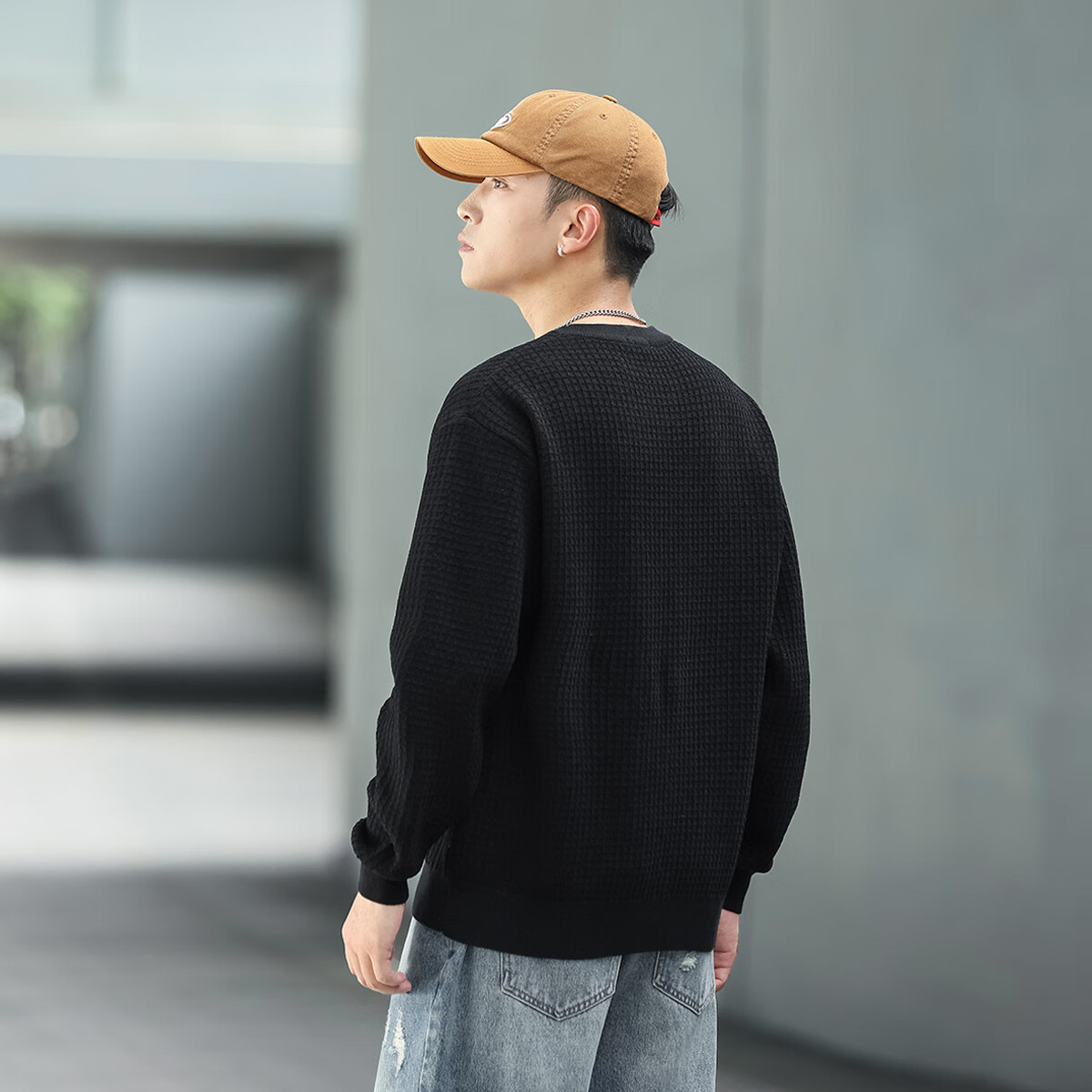 布衣传说【格纹针织】罗纹圆领针织衫柔软亲肤宽松休闲男式打底衫外套 黑色 M