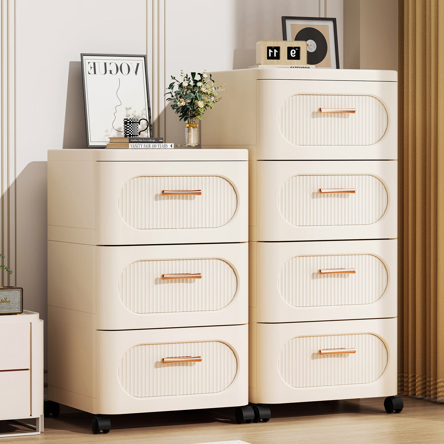 纳份爱加厚抽屉式收纳柜家用卧室床头柜客厅五斗柜夹缝储物柜置物柜 奶油风-3层 35CM面宽 送静音可锁轮