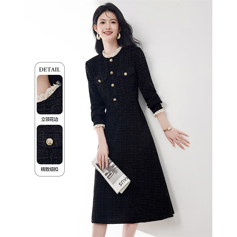 欣妃羽小香风肌理长袖连衣裙女秋冬25新款赫本风气质优雅收腰显瘦