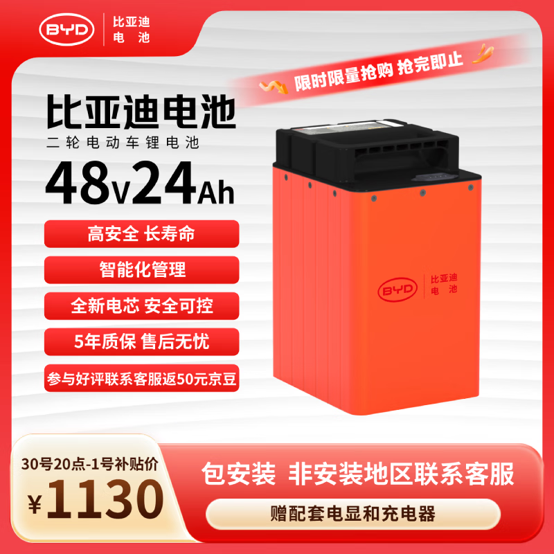 比亚迪电动车锂电池48V24Ah BYD锂电池雅迪爱玛电池（电池需客服激活）