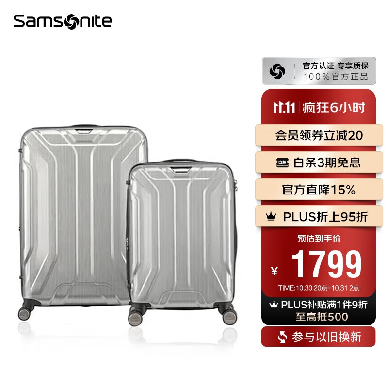 新秀丽（Samsonite）行李箱20+28英寸拉杆箱双尺寸套装箱旅行箱包TS7银色密码箱