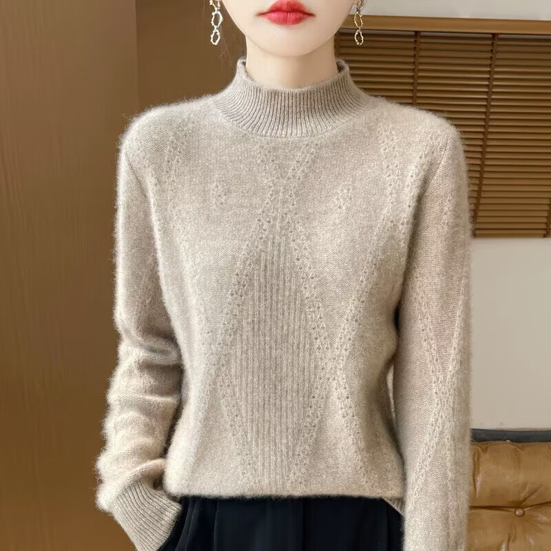 香影芬100%纯羊毛衫女一线成衣加厚半高领镂空钩花羊毛衫宽松毛衣打底衫 白色 2XL (建议125-135斤)