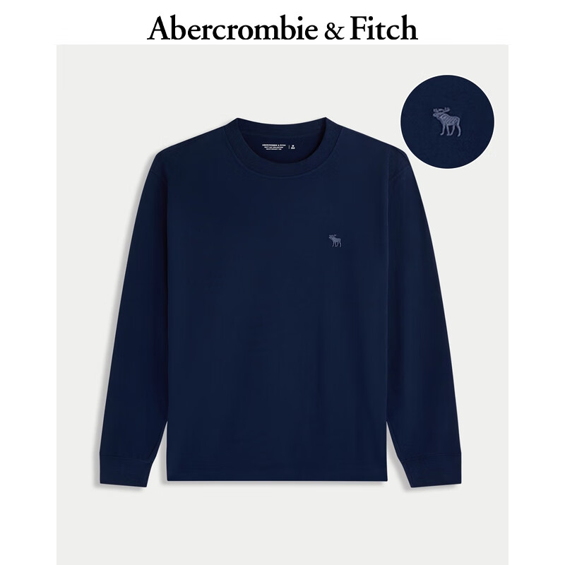Abercrombie &amp; Fitch经典小麋鹿图案男装25秋冬新款棉质宽松圆领长袖T恤124-5565 海军蓝 S (175/92A) 尺码偏大，建议小一码