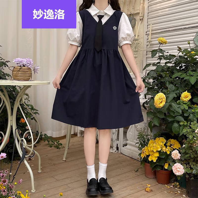 妙逸洛新款学院风jk领带衬衫领拼接假两件连衣裙夏制服裙子中学生闺蜜