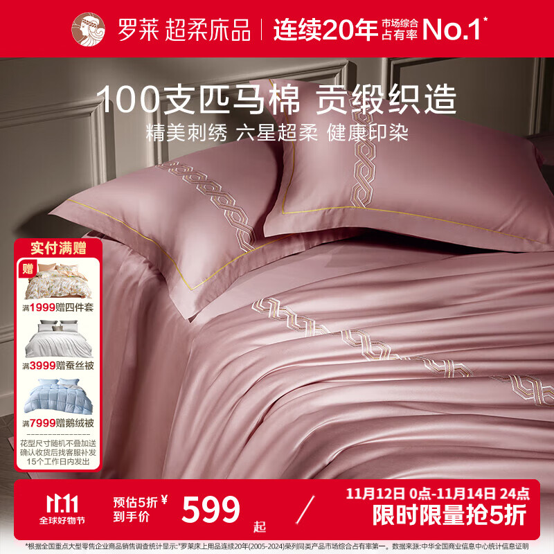 罗莱家纺100支全棉床上四件套 高档酒店风匹马棉纯棉春夏床品 礼盒装 【匹马棉】马尔萨拉公寓 粉 100支 床单款 1.8米床 220x250cm