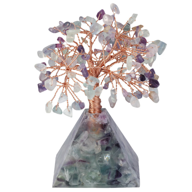 创意树脂金字塔底座发财树天然水晶碎石树桌面工艺品小摆件 萤石