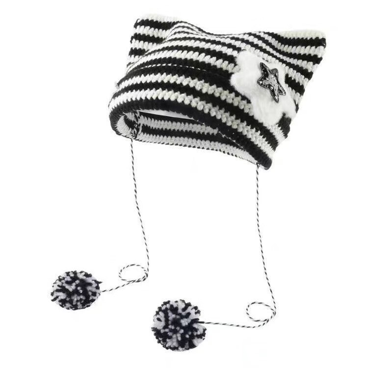 【甄选好物】亚比风猫咪耳朵帽子女秋冬y2k条纹针织帽韩版可爱保 张元英同款【黑色】