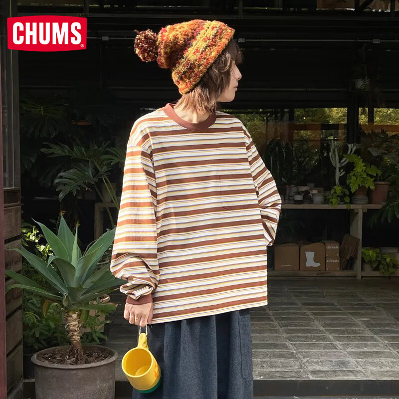 CHUMS洽洽鸟条纹美拉德卫衣户外运动重磅棉男女圆领宽松上衣CH01-2657 棕色CH01-2657-B101 XL （180）