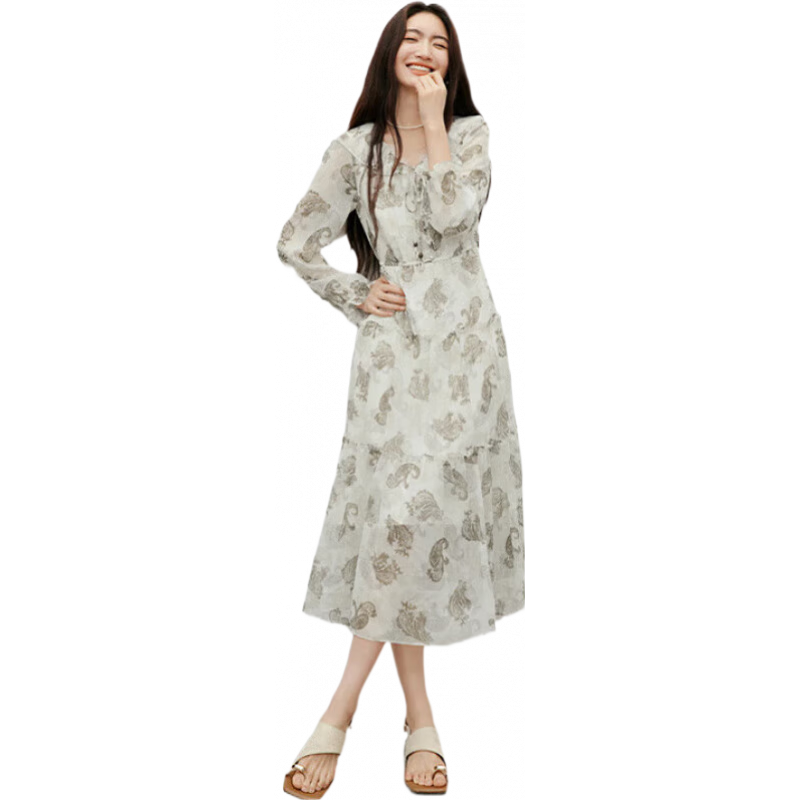 红袖（hopeshow）覆古碎花洋装2025秋季新款女装【蔓染之韵】荷叶边雪纺长裙 米底花611 S