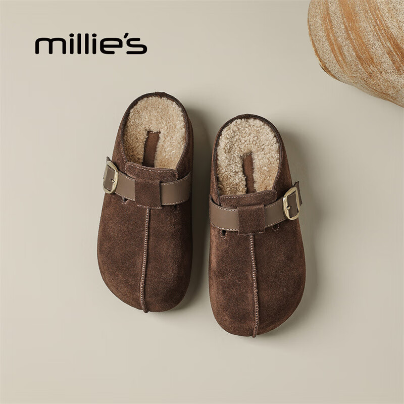 妙丽勃肯鞋女厚底复古加绒时尚保暖潮流2025冬季新款包头半拖鞋 咖色 37 (235mm) 标准码