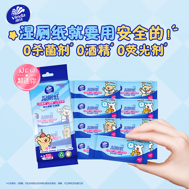 维达（Vinda）湿厕纸 线条小狗超迷你湿巾可冲散私处母婴可用 纯水小包旅行便携 清洁无添加安全用 7片*24包 提装