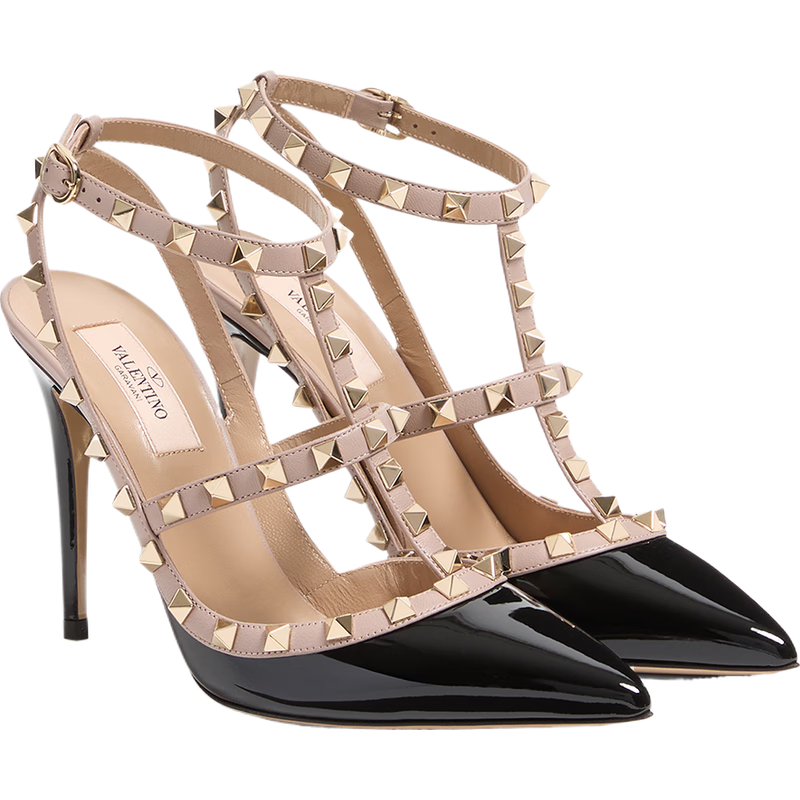 華倫天奴VALENTINO[禮物]女士 ROCKSTUD 漆皮鉚釘高跟鞋涼鞋 黑色/粉色 34.5