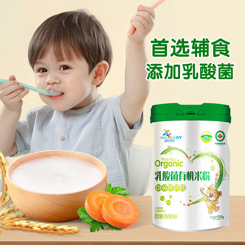 环球宝贝婴幼儿有机米粉加铁米乳DHA钙铁锌高铁益生元大罐辅食一罐一码 DHA钙铁锌乳酸菌有机米粉450g 片状