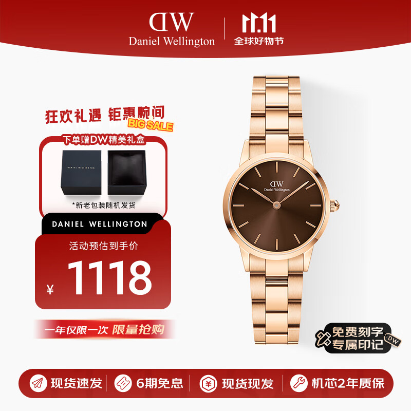 丹尼尔惠灵顿（DanielWellington）DW小精钢女表棕色表盘钢带欧美简约风腕表节日礼物DW00100463