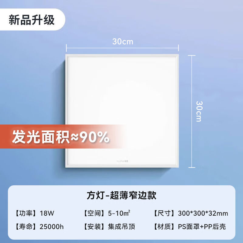 奧普（AUPU）奧普集成吊頂燈鋁扣板led燈平板燈廚房燈衛(wèi)生間浴室嵌入式方燈 ZTLD5118B18W方燈窄邊新款