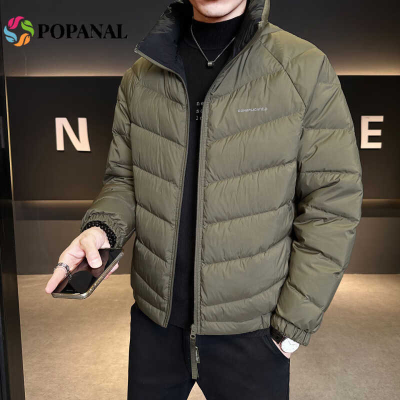 POPANAL香港潮牌2025冬季新款男士简约印花外套商务休闲保暖立领羽绒服潮 绿色 M