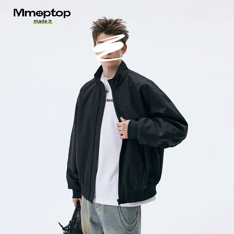 MMOPTOP飞行员立领老钱风夹克春秋季男士美式街头外套MJK26黑色M